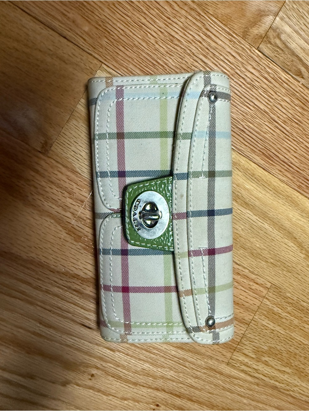 Coach Plaid Smartphone Wallet Case with Green Turnlock